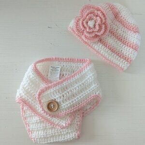 So Dorable 100% Acrylic Crochet Baby Girl Hat + Diaper Cover Set, 0-6M